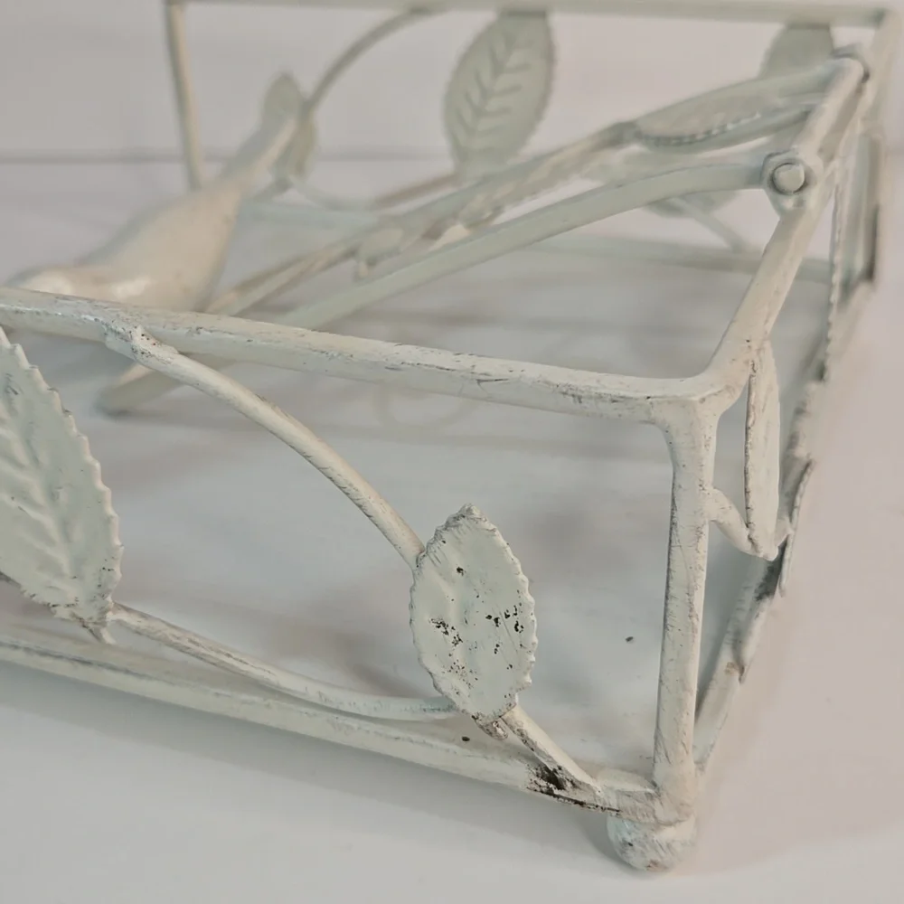 Shabby Chic Cottage Cream/Off White Metal Napkin Holder with Bird Vine Design
